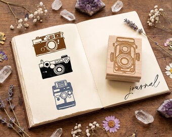 Vintage Camera Rubber Stamp Set, Photographer Travel Journal Stamp - Hand Drawn