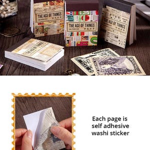 May include: Vintage-style washi paper sticker pads with brown covers. Each pad is labeled "THE AGE OF THINGS" and contains 50 pieces. The pads have a retro aesthetic with newspaper and collage designs. Each page is a self-adhesive sticker.