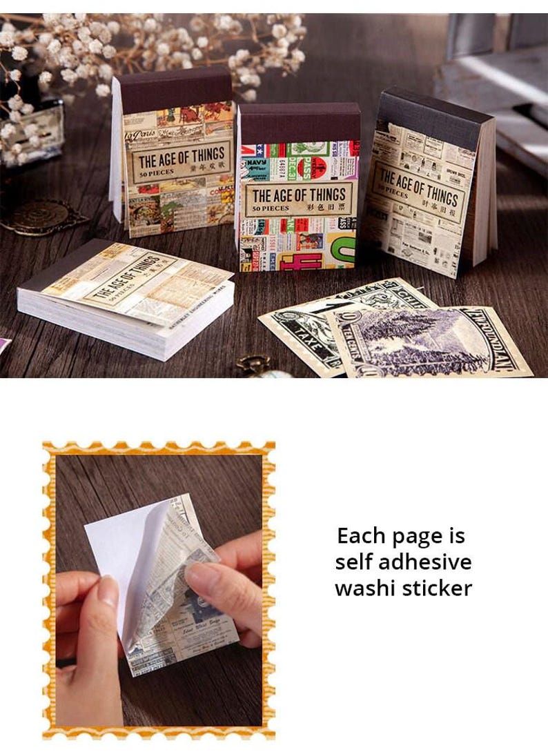 May include: Vintage-style washi paper sticker pads with brown covers. Each pad is labeled "THE AGE OF THINGS" and contains 50 pieces. The pads have a retro aesthetic with newspaper and collage designs. Each page is a self-adhesive sticker.