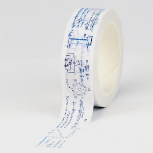 May include: A roll of white washi tape with blue scientific diagrams and equations printed on it. The tape features circuit diagrams, chemical structures, and mathematical formulas. The tape is ideal for crafting, scrapbooking, or adding a unique touch to projects.