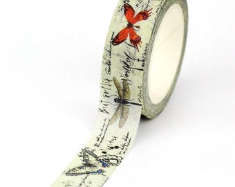 Insect Washi Tape, Vintage Text Masking Tape, Moth Butterfly Dragonfly Tape, Junk Journal Supplies, Travel Notebook Acessory