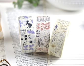 Butterfly Botanical Washi Tape - Insects, Plants, Handwriting, Sketchs- Set or Individual Rolls of Masking Tape in Hand Drawn Distress Style