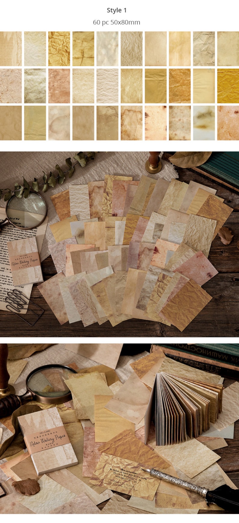 May include: A collection of vintage-style paper sheets in various shades of brown and beige. The image includes individual sheets and stacks, with some featuring textured and aged appearances. The text "Style 1" and dimensions 50x80mm are visible.