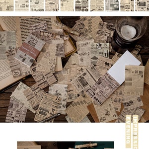 May include: A collection of vintage-style paper ephemera, including newspaper clippings and advertisements. The papers are in various sizes and shapes, with a sepia tone. Some papers have text, and the dimensions are 50x80mm.