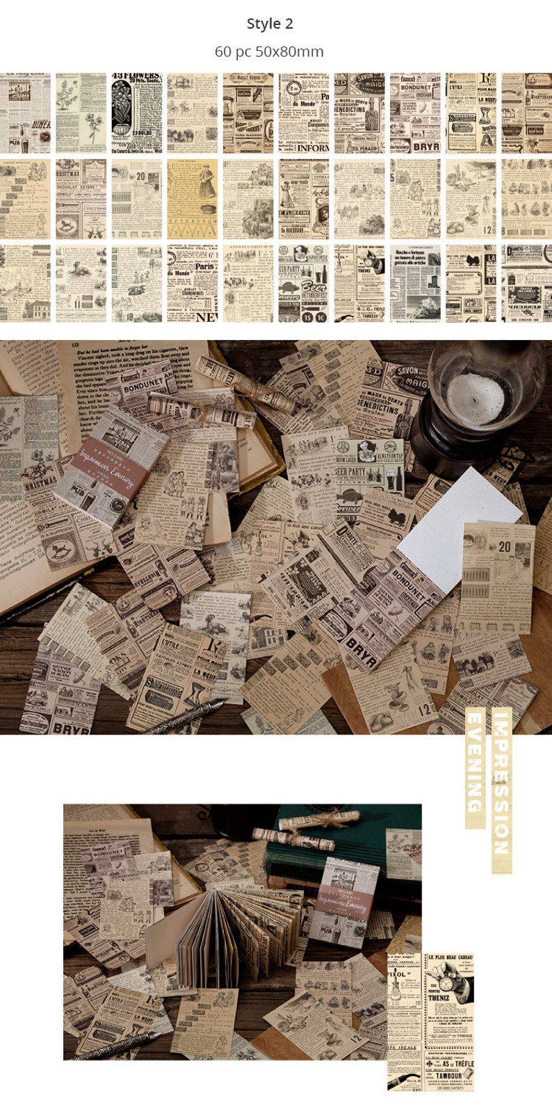May include: A collection of vintage-style paper ephemera, including newspaper clippings and advertisements. The papers are in various sizes and shapes, with a sepia tone. Some papers have text, and the dimensions are 50x80mm.