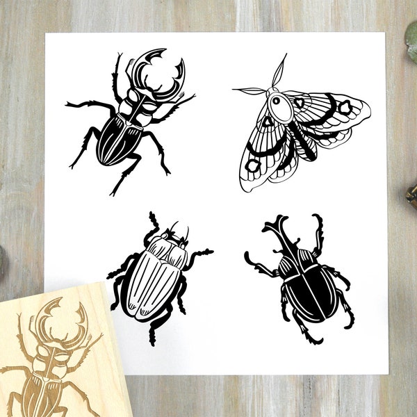 Insect or Bug Stamp - Moth and Beetle, Entomology Rubber Stamps - Spring Summer Nature Stamps for Planners, Journals, Cards, Gift Wrap