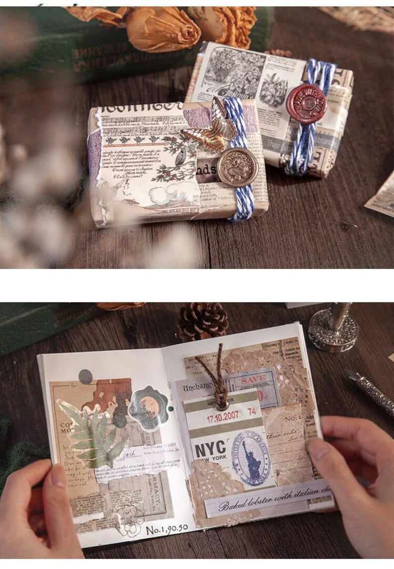 May include: Two small, wrapped packages with vintage paper and decorative elements. One is adorned with a butterfly and a gold coin, the other with a red wax seal. An open journal with vintage ephemera and the text "NYC" is also visible.