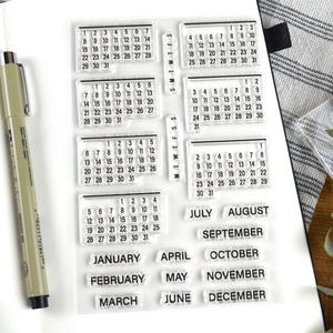 Minimalist Calendar Clear Stamp Set, 4x6in Months Journal Photopolymer Planner Stamps with Perpetual Calendars Dates for Travel Notebook image 1