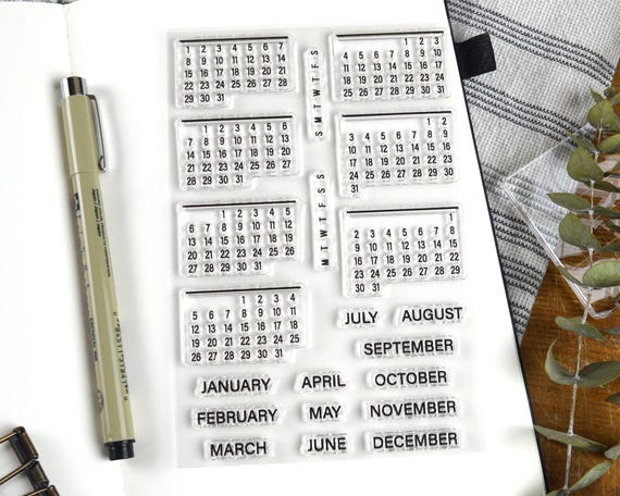 Minimalist Calendar Clear Stamp Set, 4x6in Months Journal Photopolymer Planner Stamps with Perpetual Calendars Dates for Travel Notebook