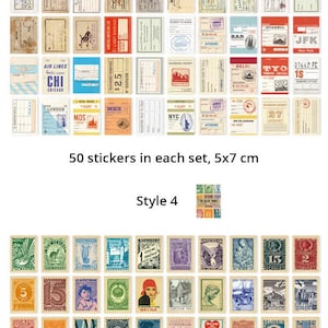 May include: Two sets of vintage-style stickers. Style 3 features travel-themed designs with text like "CHI CHICAGO" and "JFK". Style 4 showcases postage stamp designs. Each set contains 50 stickers, each sticker measuring approximately 2 x 2.75 inches.