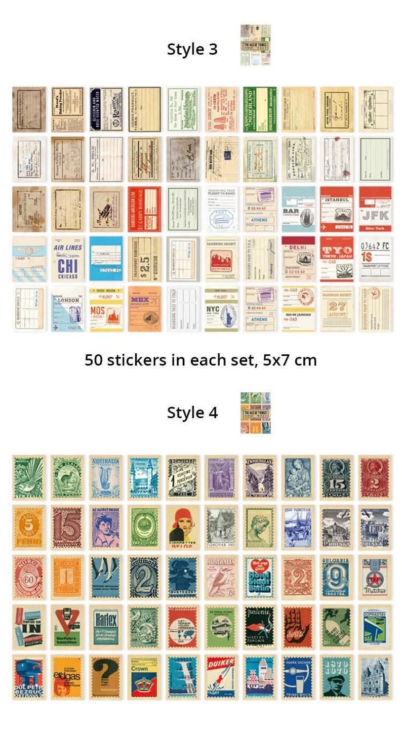 May include: Two sets of vintage-style stickers. Style 3 features travel-themed designs with text like "CHI CHICAGO" and "JFK". Style 4 showcases postage stamp designs. Each set contains 50 stickers, each sticker measuring approximately 2 x 2.75 inches.