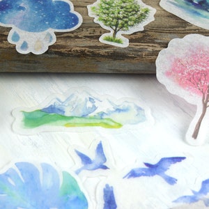 Aquarelle Nature Washi Stickers 60 pcs, Junk Journal Supplies, Trees, Leaf, Natural Sticker Ephemera image 5