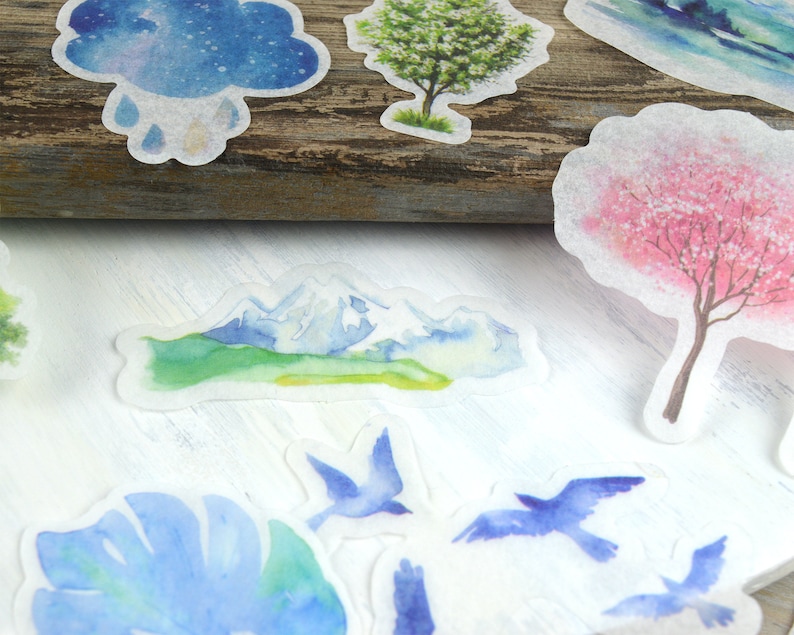 Aquarelle Nature Washi Stickers 60 pcs, Junk Journal Supplies, Trees, Leaf, Natural Sticker Ephemera image 5