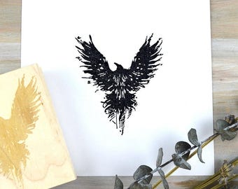Flying Raven Bird Rubber Stamp, Gothic Raven Art Animal Stamp, Journal Supplies for Travelers Notebook, Large Art Journal Stamp