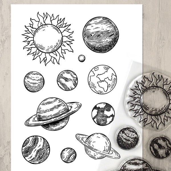 Planet Doodle Stamps - Solar System Clear Stamp Set, Astronomy and Space Hand Drawn Art Rubber Stamps, 4x6in Photopolymer