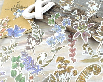 Botanical Washi Stickers 60 pcs, Junk Journal Ephemera, Flower and Leaf Stickers