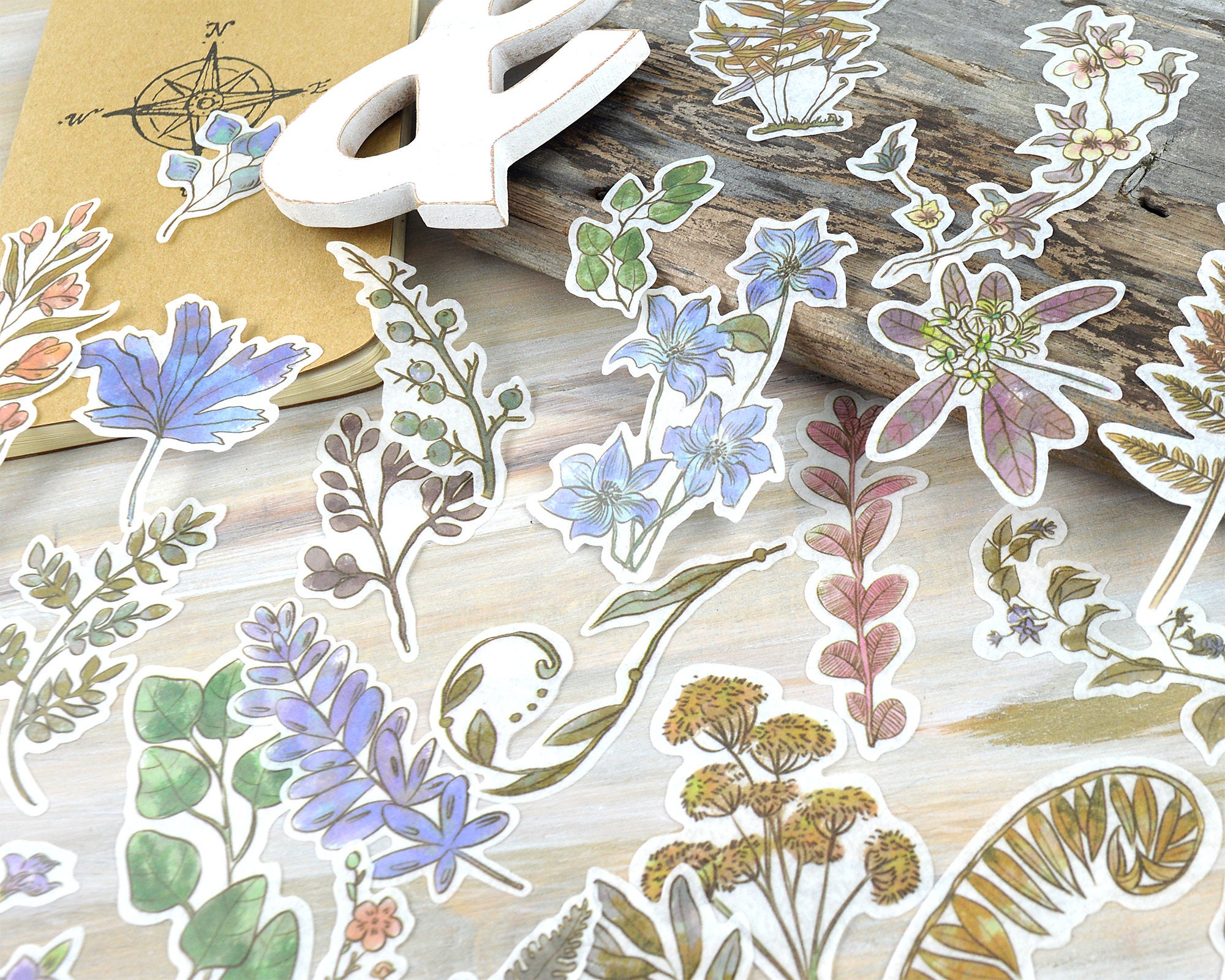 Pressed Flower Washi Stickers 60 pcs, Dried Floral Botanical Stickers -  Printed Heron