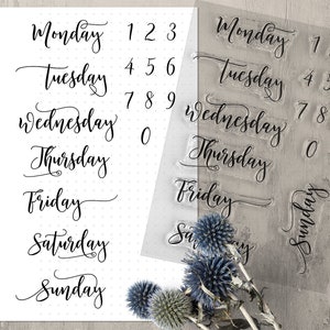 Weekday Journal Stamps, Clear Planner Stamps with Calendar Days of the Week and Numbers in Modern Calligraphy Rubber Stamp Set