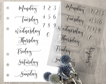 Weekday Journal Stamps, Clear Planner Stamps with Calendar Days of the Week and Numbers in Modern Calligraphy Rubber Stamp Set