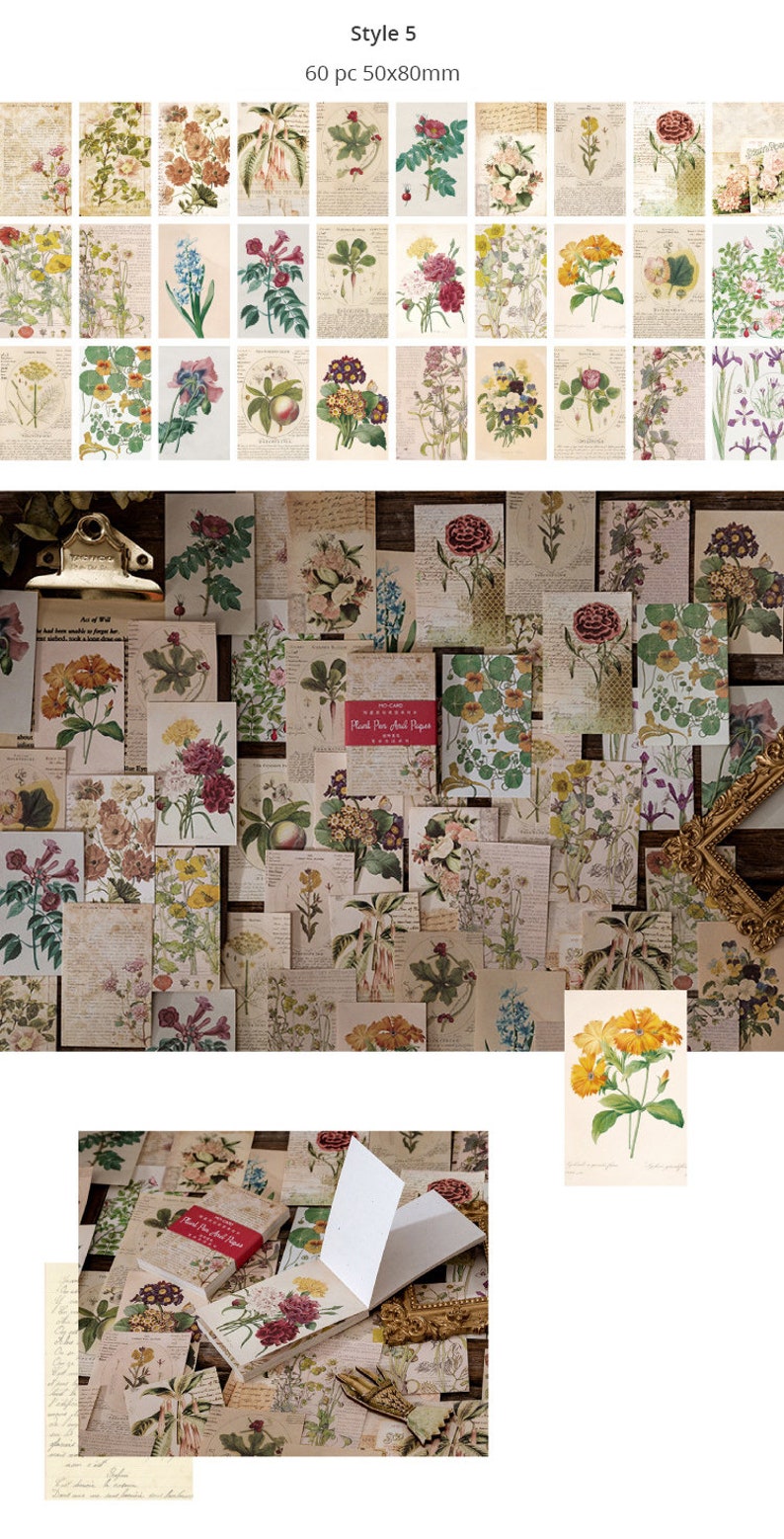 May include: A collection of vintage-style botanical illustrations on paper. The images feature various colorful flowers and plants, with handwritten text and a distressed aesthetic. The set includes 60 pieces, each measuring 50x80mm.