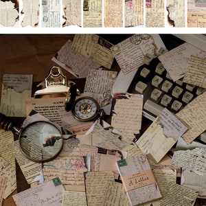 May include: A collection of vintage-style paper ephemera, including postcards and handwritten letters. The papers have aged, distressed edges and are in various sizes. Some pieces feature stamps and handwriting. The text "Style 4" and dimensions "60 pc 50x80mm" are visible.