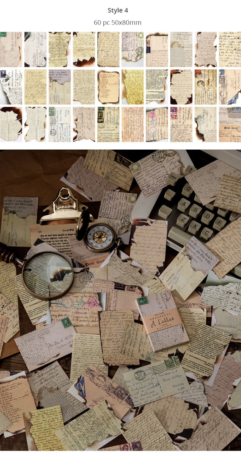 May include: A collection of vintage-style paper ephemera, including postcards and handwritten letters. The papers have aged, distressed edges and are in various sizes. Some pieces feature stamps and handwriting. The text "Style 4" and dimensions "60 pc 50x80mm" are visible.