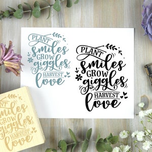 Tampon d'amour de récolte de sourires de plantes - un tampon en caoutchouc de jardin de printemps pour des graines, une carte-cadeau de jardin de fleurs, une citation positive d'inspiration d'été
