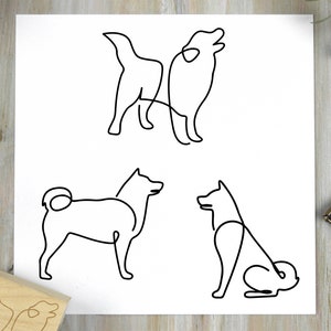 Peut inclure: Une impression blanche présentant quatre dessins au trait minimalistes de chiens dans diverses poses. Les chiens sont représentés par un trait continu, dont un hurlant et d'autres interagissant. L'œuvre est sur fond blanc.