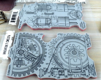 Patent Steampunk Rubber Stamp Set, Large Inventor Engineer Drawings - Gear and Vacuum Tube Background Stamps - Tim Holtz Inventor 7