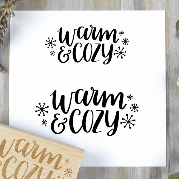 Warm & Cozy Rubber Stamp, Winter Holiday Stamp, Christmas Card Stamp