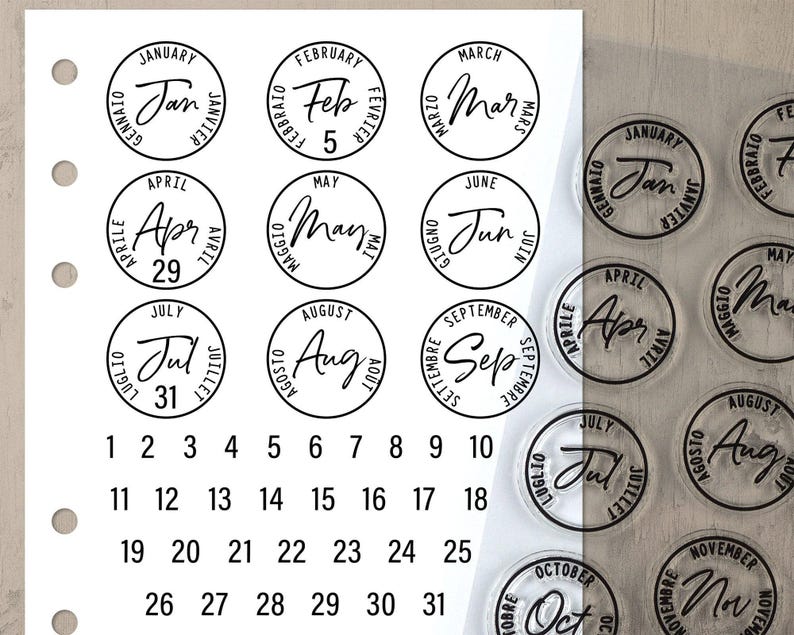 Journal Date Stamps, Postage Cancellation Clear Planner Stamps with Months of the Year Calendar Stamp Set image 1