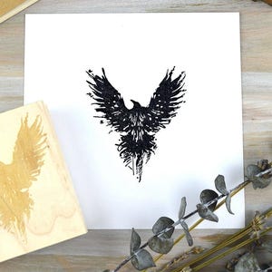 Flying Raven Bird Rubber Stamp, Gothic Raven Art Animal Stamp, Journal Supplies for Travelers Notebook, Large Art Journal Stamp