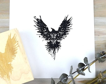 Flying Raven Bird Rubber Stamp, Gothic Raven Art Animal Stamp, Journal Supplies for Travelers Notebook, Large Art Journal Stamp