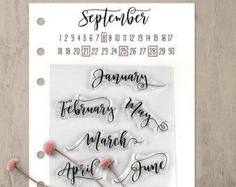 Month Journal Stamps, Clear Planner Stamps with Months of the Year Calendar Stamps a Modern Calligraphy Rubber Stamp Set