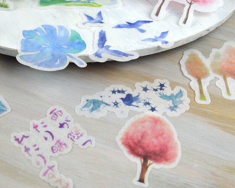 Aquarelle Nature Washi Stickers 60 pcs, Junk Journal Supplies, Trees, Leaf, Natural Sticker Ephemera image 4