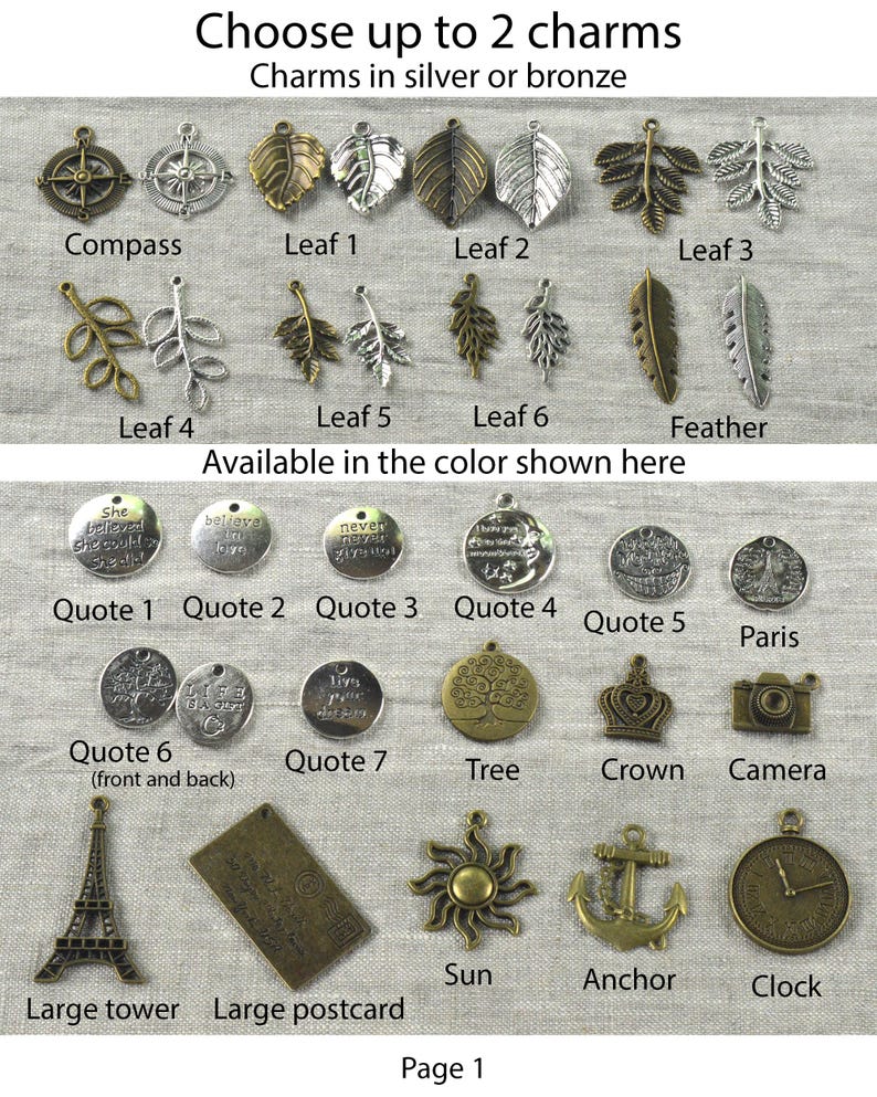 May include: A collection of charms in silver and bronze tones, including leaves, compasses, quotes, and other decorative elements. The image displays a variety of charm designs, such as a crown, camera, and Eiffel Tower, suitable for jewelry making or crafting.