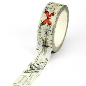 Insect Washi Tape, Vintage Text Masking Tape, Moth Butterfly Dragonfly Tape, Junk Journal Supplies, Travel Notebook Acessory