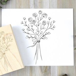 Timbre de bouquet de fleurs, timbre en caoutchouc de fleurs sauvages de roses dessinées à la main - timbre de scrapbooking floral délicat pour les mariages, invitations, printemps été