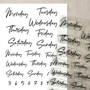 Weekday Script Journal Stamps, Clear Calendar Stamp Set for Planners, Dot Grid Notebook - 4x6in Photopolymer, Days of the Week, Numbers