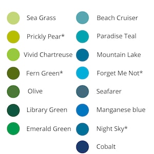 May include: A color chart titled "Color Choices Green & Blue" displays a selection of green and blue hues. Each color is represented by a circle with its corresponding name, including "Sea Grass," "Beach Cruiser," and "Cobalt."