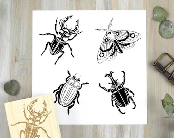 Insect or Bug Stamp - Moth and Beetle, Entomology Rubber Stamps - Spring Summer Nature Stamps for Planners, Journals, Cards, Gift Wrap