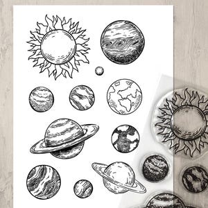 Tampons à gribouiller Planète - Jeu de tampons transparents du système solaire, astronomie et espace, tampons en caoutchouc artistiques dessinés à la main, photopolymère 10 x 15 cm
