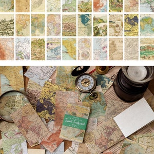 May include: A collection of vintage-style map ephemera. The image shows individual map cards, measuring 50x80mm, and scattered maps with a magnifying glass, a pocket watch, and a small stack of cards with the text "Travel Footprint".