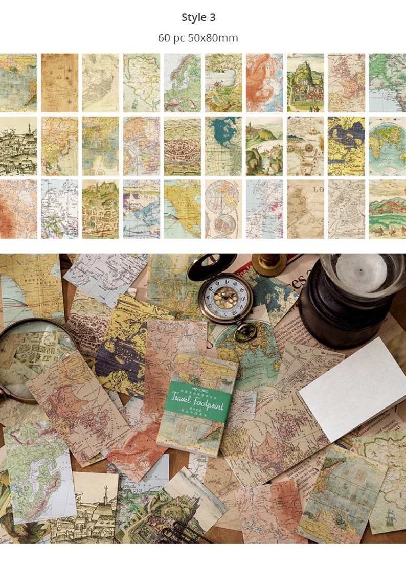 May include: A collection of vintage-style map ephemera. The image shows individual map cards, measuring 50x80mm, and scattered maps with a magnifying glass, a pocket watch, and a small stack of cards with the text "Travel Footprint".