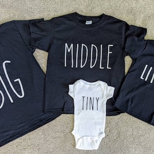 Big, middle, little, tiny set of 4 shirts. Fourth 4th child announcement, sibling announcement