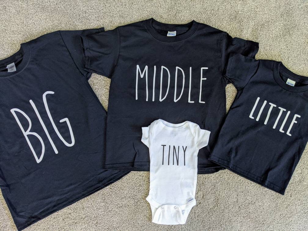Big, middle, little, tiny set of 4 shirts. Fourth 4th child announcement, sibling announcement