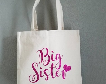 Big Sister Tote Bag with Glitter Font! Perfect gift bag for that big sister. Hospital gift, pregnancy announcement, sibling gift. FREE SHIP