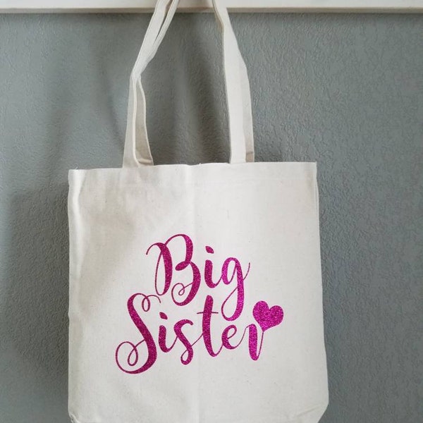 Big Sister Tote Bag with Glitter Font! Perfect gift bag for that big sister. Hospital gift, pregnancy announcement, sibling gift. FREE SHIP