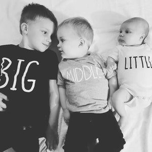 Sibling T-shirts. Perfect for Prenancy announcement or family photos. Great for Cousin photos too Big, Middle, Little. FREE SHIPPING image 2