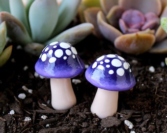 Ultraviolet Mini Mushrooms (Set of 2) - Mushroom Garden Decor - Fairy Garden Accessories - Terrarium Decor